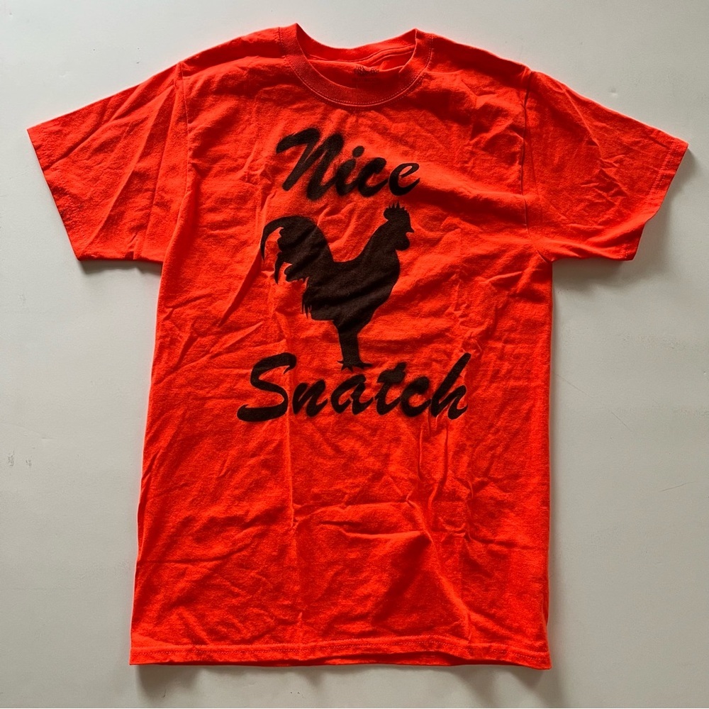 Orange 'Nice Snatch' Rooster Graphic Jersey T-shirt - Size S